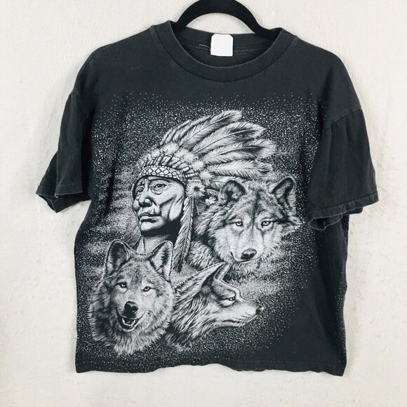 Springhill Wholesale Shirt Mens Large Black Indian Warrior Wolf Single Stitch - Picture 2 of 16
